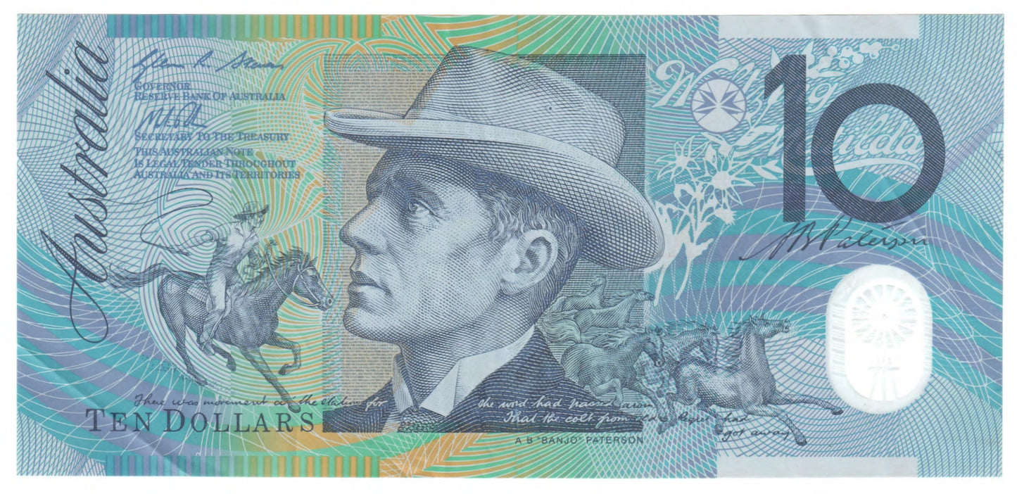 Australian 2013 10 Dollar Stevens Parkinson Polymer Banknote s/n AB 13658599 - Circulated