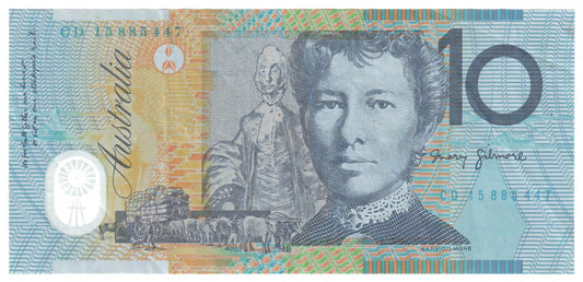 Australian 2015 10 Dollar Stevens Fraser Polymer Banknote s/n CD 15885447 - Circulated
