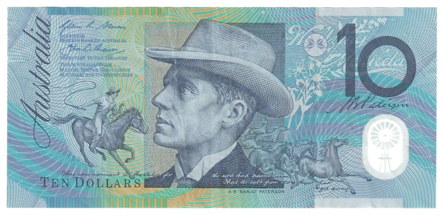 Australian 2015 10 Dollar Stevens Fraser Polymer Banknote s/n CD 15885447 - Circulated