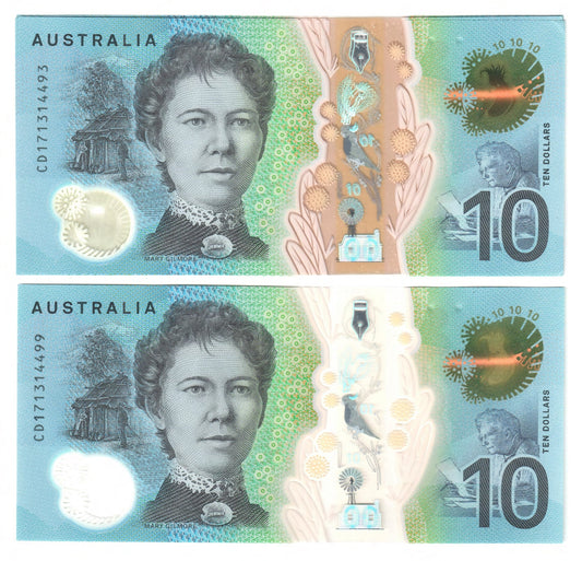 Australian 2017 10 Dollar Lowe Fraser Polymer Banknote Run Of 7 s/n CD 171314493-4499 - Uncirculated