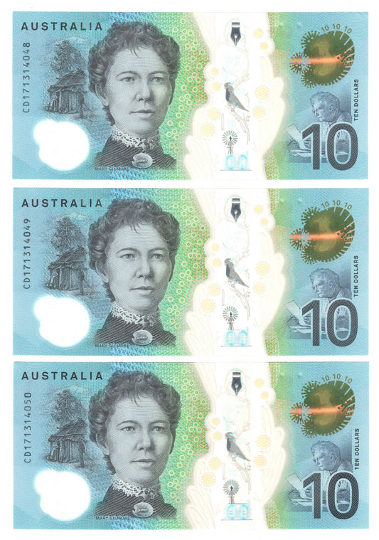 Australian 2017 10 Dollar Lowe Fraser Polymer Banknote Run Of 3 s/n CD 171314048-4050 - Circulated