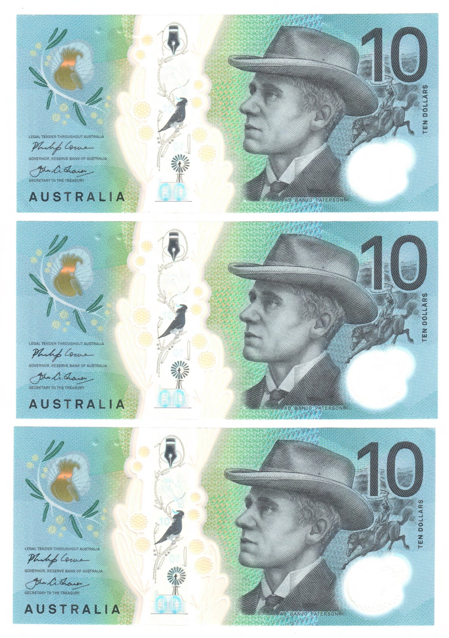 Australian 2017 10 Dollar Lowe Fraser Polymer Banknote Run Of 3 s/n CD 171314048-4050 - Circulated