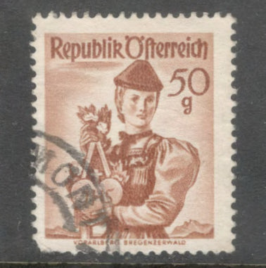 Austria 1958 50 Groschen Light Brown National Costumes Stamp - Perfin: 14.0