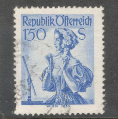 Austria 1951 1.50 Schilling Light Blue National Costumes Stamp - Perfin: 14.0x13.75