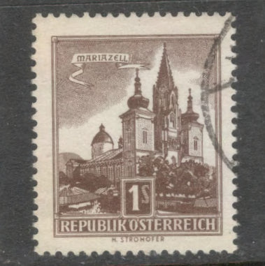Austria 1957 1 Schilling Dark Brown Mariazell Church Stamp - Perfin: 13.5
