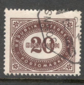 Austria 1947 20 Groschen Reddish Brown Numeral Stamp With "GROSCHEN" Inscription Across Value - Perfin: 14.0