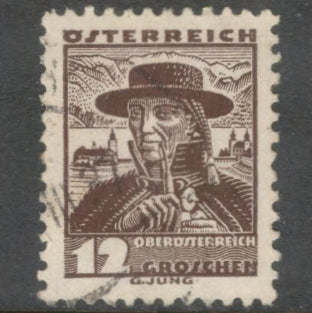 Austria 1934 - 1936 12 Groschen Dark Brown National Costume Stamp - Perfin:12.5x12.0