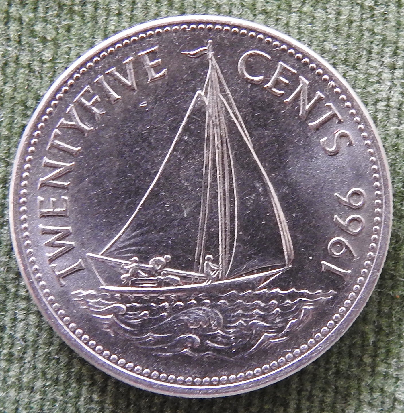 Bahama Islands 1966 25 Twenty Cent Bahamian Sailboat Coin