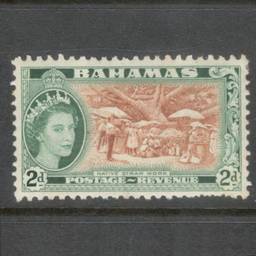 Caribbean Bahamas 1954 2d Green / Yellowish Brown Queen Elizabeth II Without Inscription Stamp - Perfin: 11.0x 11.50