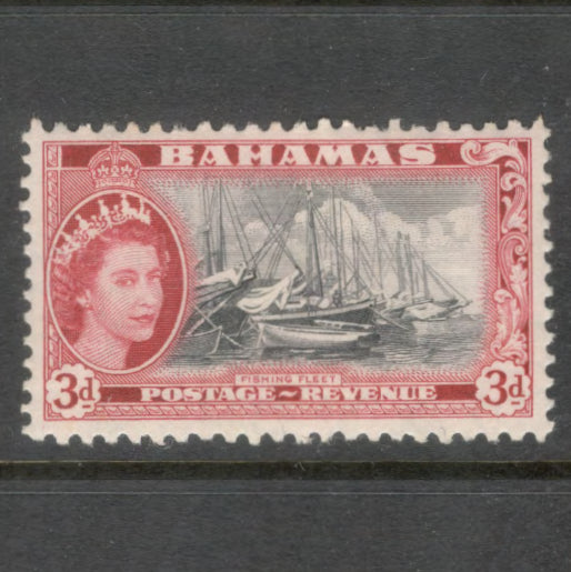 Caribbean Bahamas 1954 3d Carmine / Black Queen Elizabeth II Without Inscription Stamp - Perfin: 11.0x 11.50