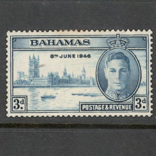 Caribbean Bahamas 1946 3d Blue Victory in WWII King George VI & Houses of Parliament Stamp - Perfin: 13.5x 14.0