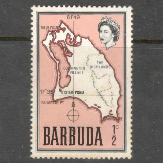 Caribbean Barbuda 1968 1/2 Cent Multicoloured Map of Barbuda Stamp - Perfin: 14.5