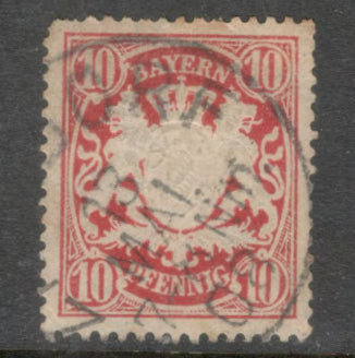 Bayern 1888 - 1900 10 Pfennig Carmine Coat of Arms Stamp - Perfin:14x14