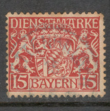 Bayern 1916 - 1920 15 Pfennig Carmine Coat of Arms Stamp - Perfin:11x11.5