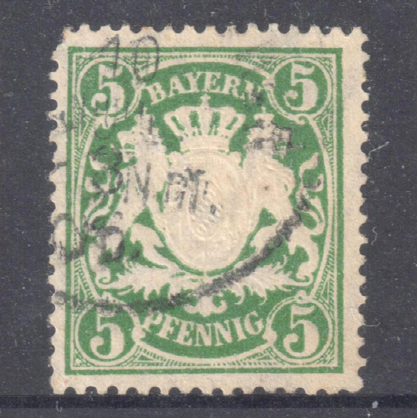 Bayern 1888 - 1900 5 Pfennig Green Coat of Arms Stamp - Perfin:14x14