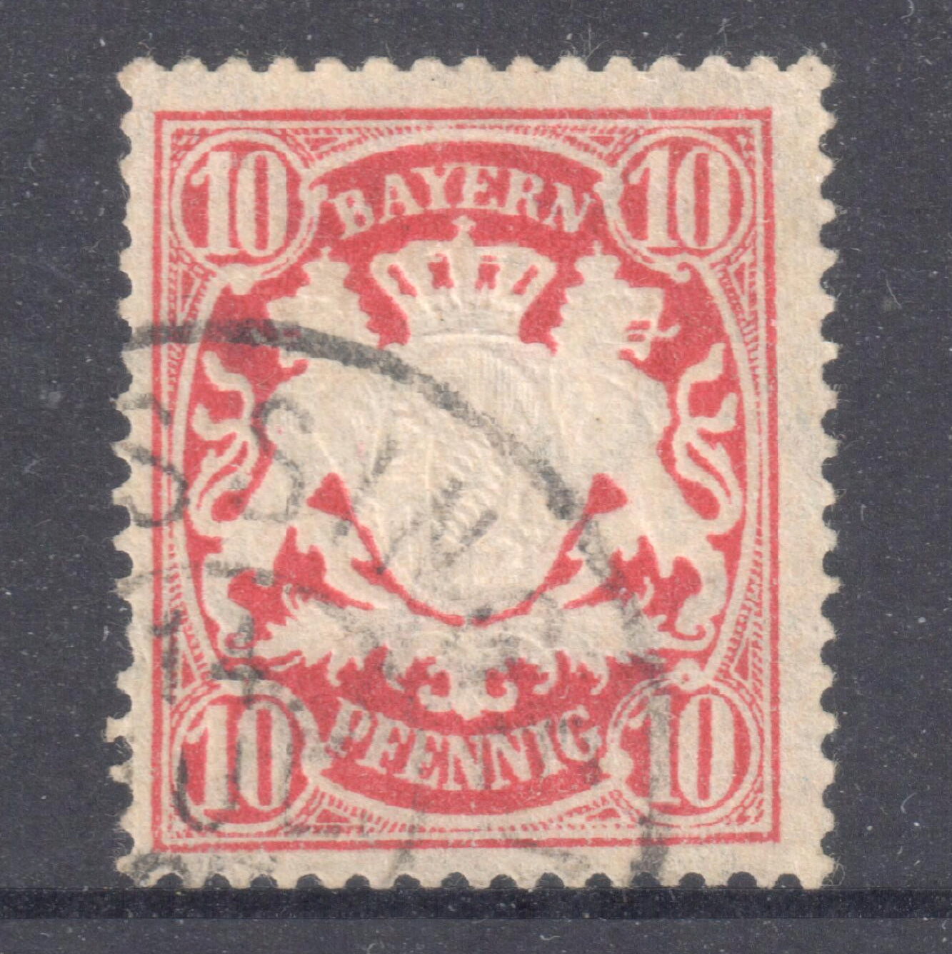 Bayern 1888 - 1900 10 Pfennig Carmine Coat of Arms Stamp - Perfin:14x14.5