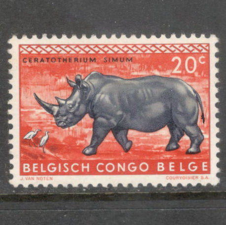 Belgian Congo 1959 20 Centimes reddish Orange / Grey Definitive Issues Animals Ceratotherium Simum Stamp - Perfin: 11.75