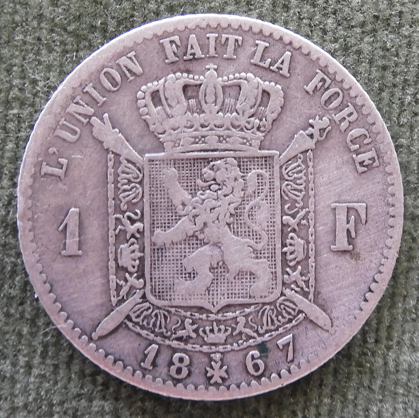 Belgium 1867 1 Franc Silver Coin King Leopold II