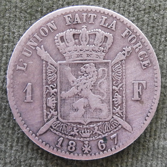 Belgium 1867 1 Franc Silver Coin King Leopold II