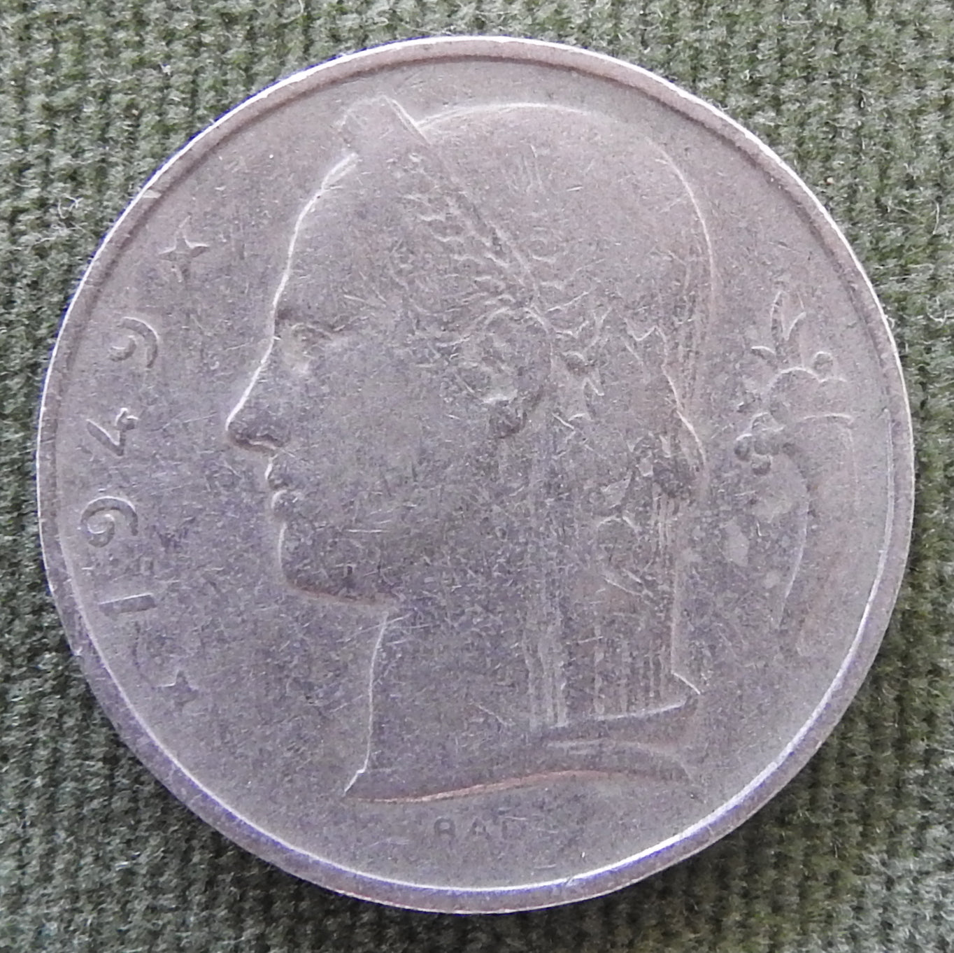 Belgium 1949 5 Franc Coin Head of Ceres - Dutch Text