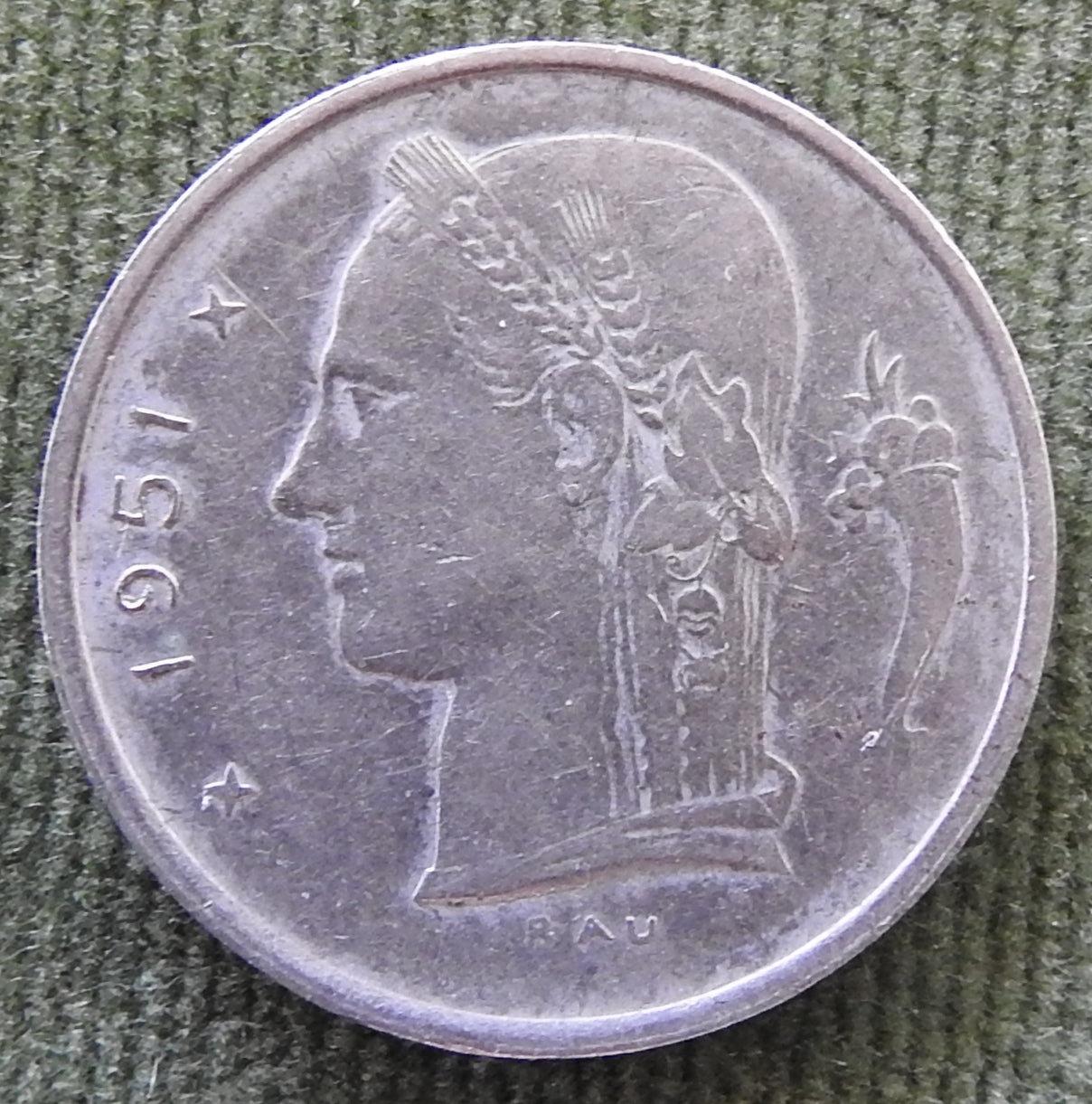 Belgium 1951 1 Franc Coin Head of Ceres - Dutch Text