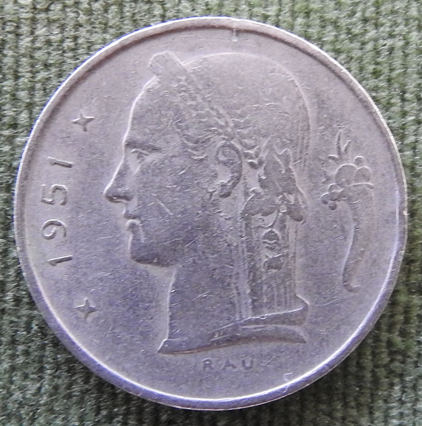 Belgium 1951 1 Franc Coin Head of Ceres - French Text