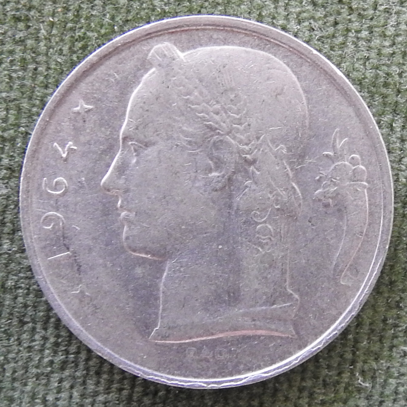 Belgium 1964 5 Franc Coin Head of Ceres - Dutch Text