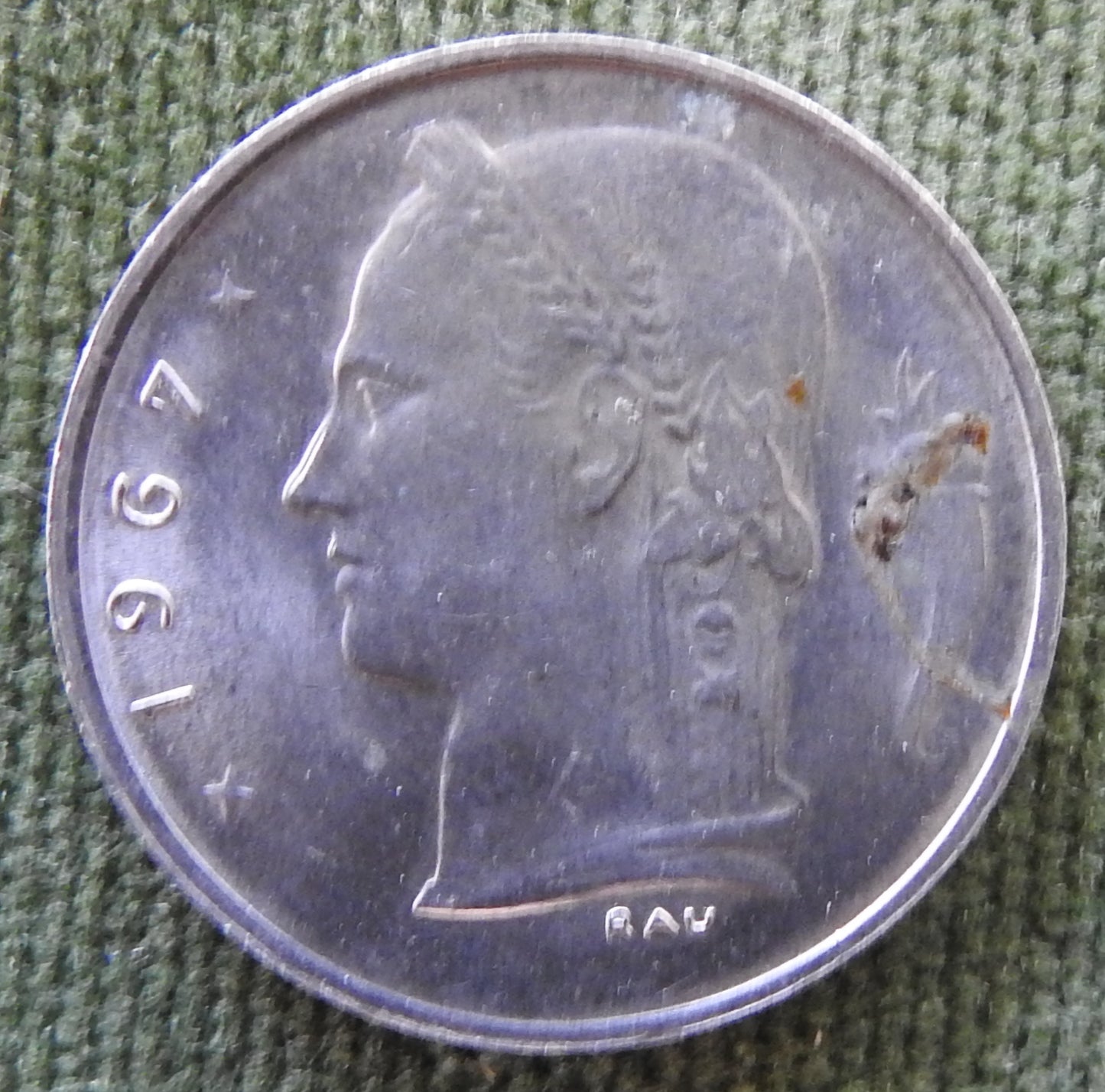 Belgium 1967 1 Franc Coin Head of Ceres - Dutch Text