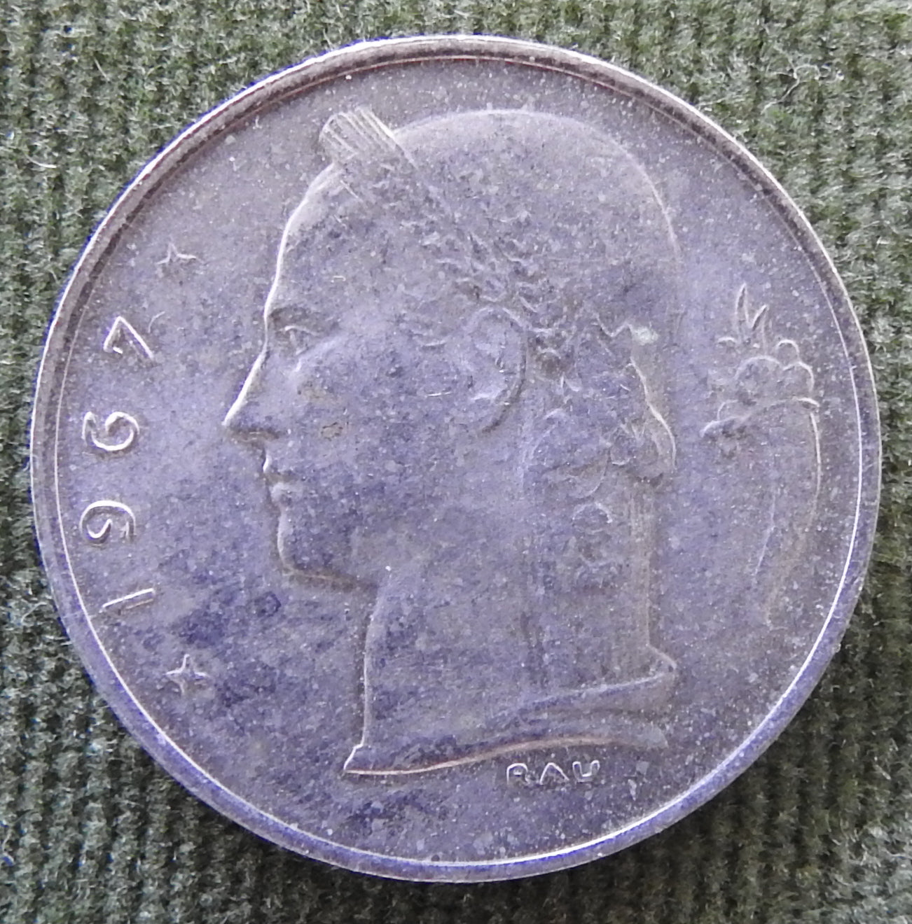 Belgium 1967 1 Franc Coin Head of Ceres - French Text