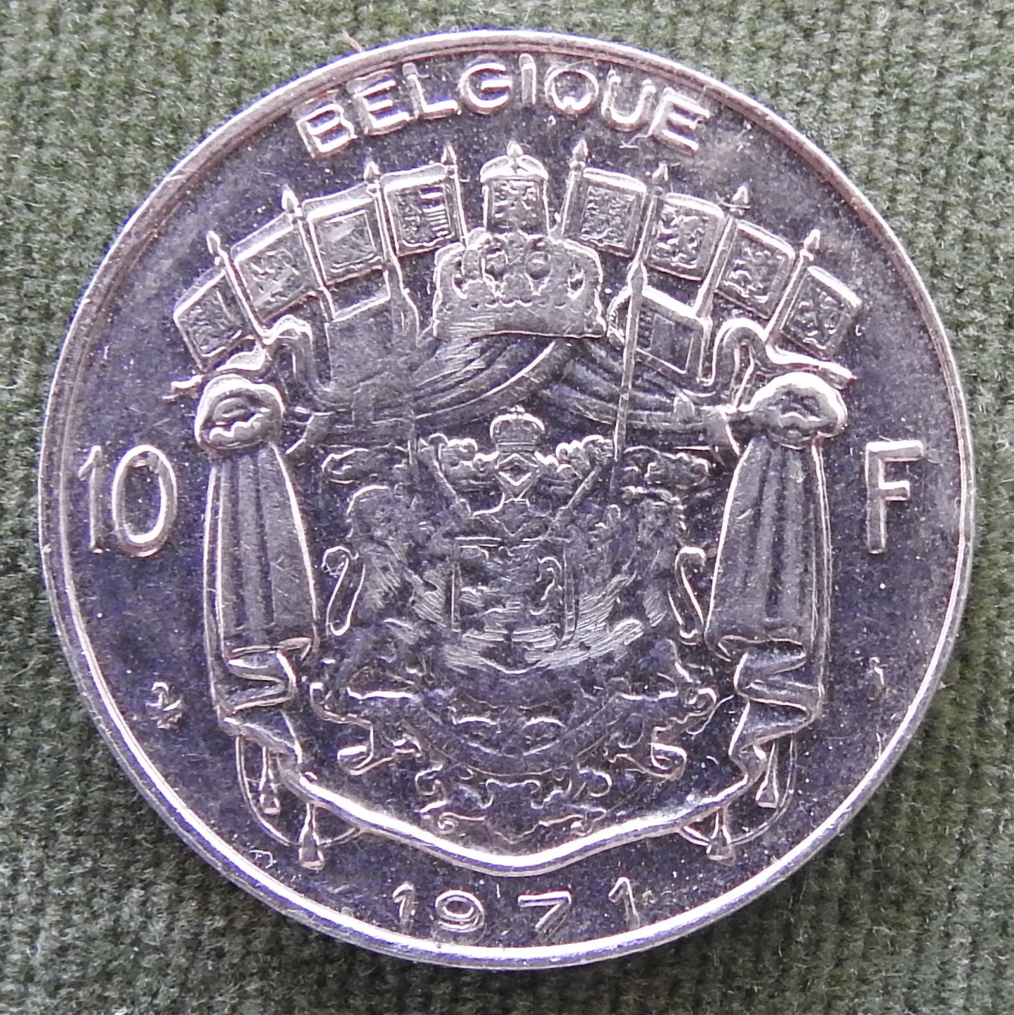 Belgium 1971 10 Franc Coin Portrait of Baudouin - French Text