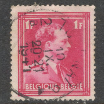 Belgium 1941 1 Franc Purple Red King Leopold Stamp - Perfin: 14.0x13.5