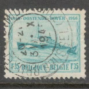 Belgium 1946 1.35 F/C Bluish Green 100th Anniversary Of The Oostende-Dover Ferry Stamp - Perfin: 14.0