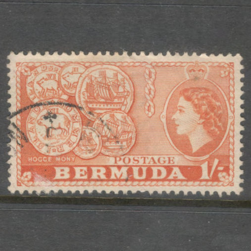 Bermuda 1953 1 Shilling Orange Local Motives & Queen Elizabeth II Stamp - Perfin: 13.5