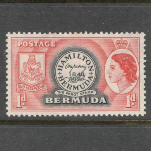 Bermuda 1953 1d red / Black Local Motives & Queen Elizabeth II Stamp - Perfin: 13.5