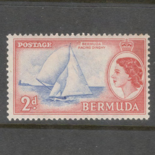 Bermuda 1953 2d Brownish Red / Ultramarine Local Motives & Queen Elizabeth II Stamp - Perfin: 13.5