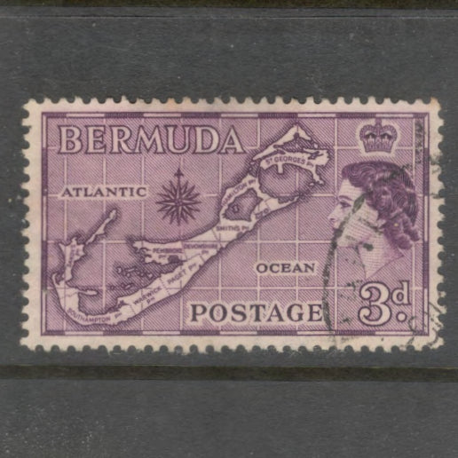Bermuda 1953 3d Dark Purple Local Motives & Queen Elizabeth II Stamp - Perfin: 13.5