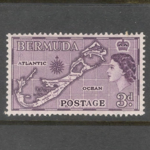 Bermuda 1953 3d Dark Purple Local Motives & Queen Elizabeth II Stamp - Perfin: 13.5