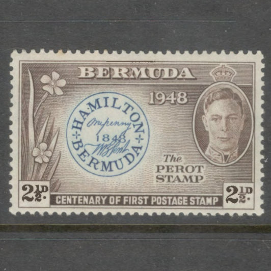 Bermuda 1949 2 1/2d Dark Brown / Blue 100th Anniversary of Postmaster Perot's Stamp - Perfin: 13.5