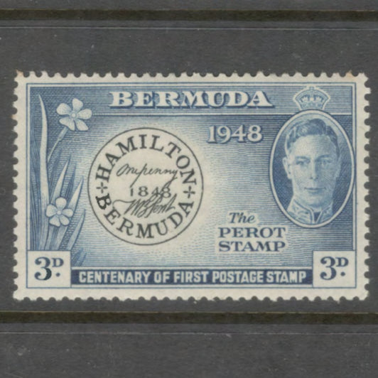 Bermuda 1949 3d Dark Blue / Black 100th Anniversary of Postmaster Perot's Stamp - Perfin: 13.5