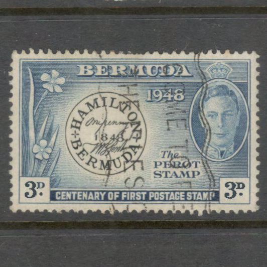 Bermuda 1949 3d Dark Blue / Black 100th Anniversary of Postmaster Perot's Stamp - Perfin: 13.5