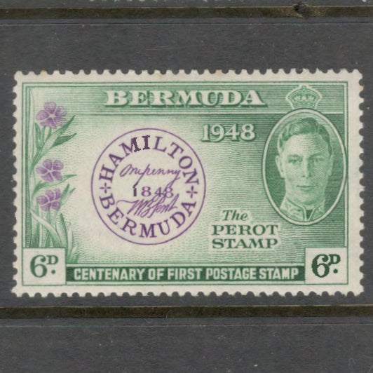 Bermuda 1949 6d Green / Violet 100th Anniversary of Postmaster Perot's Stamp - Perfin: 13.5