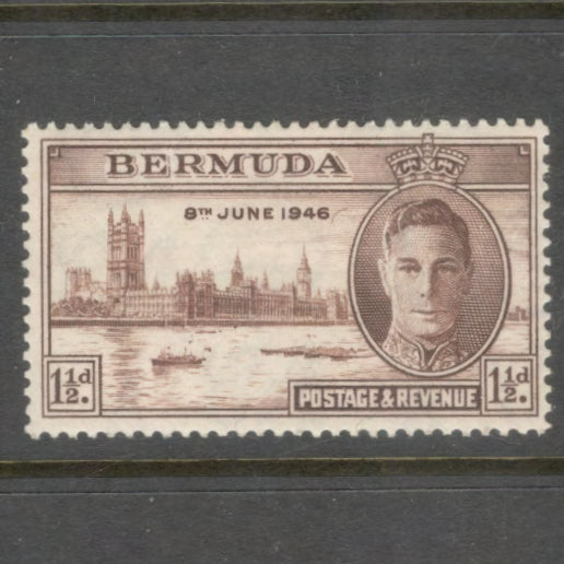 Bermuda 1946 1 1/2d Brown Victory in WWII King George VI & Houses of Parliament Stamp - Perfin: 13.5x 14.0
