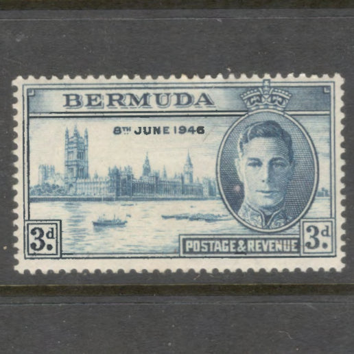 Bermuda 1946 3d Blue Victory in WWII King George VI & Houses of Parliament Stamp - Perfin: 13.5x 14.0