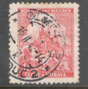 Bohemia and Moravia 1942 1.20 Koruna Red Local Motifs Stamp - Perfin: 12.5