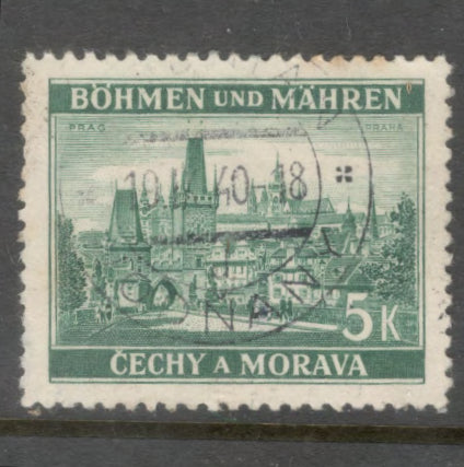 Bohemia and Moravia 1939 5 Koruna Dark Green Local Motifs Stamp - Perfin: 12.5