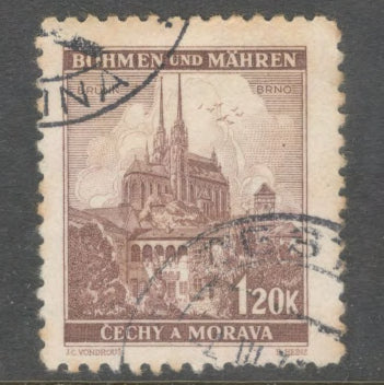 Bohemia and Moravia 1940 1.20 Koruna Brownish Purple Local Motifs Stamp - Perfin: 12.5