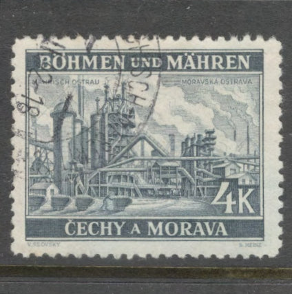 Bohemia and Moravia 1939 4 Koruna Dark Blue Local Motifs Stamp - Perfin: 12.5