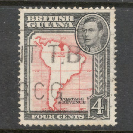 British Guiana 1952 4 Cent Black / Red Local Motives Stamp - Perfin: 13.0x14.0
