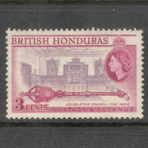 British Honduras 1953 -1957 Country Images 3 Cent Purple / Reddish Purple Stamp - Perfin: 13.5