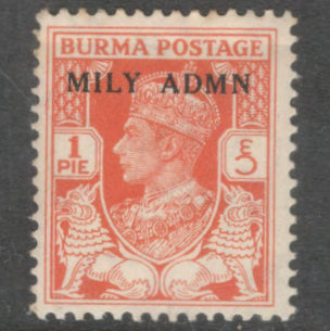 Burma 1945 1 Pie Redish Orange King George VI Overprinted MILY ADMIN in 2 Types Stamp - Perfin:13.5x13.0